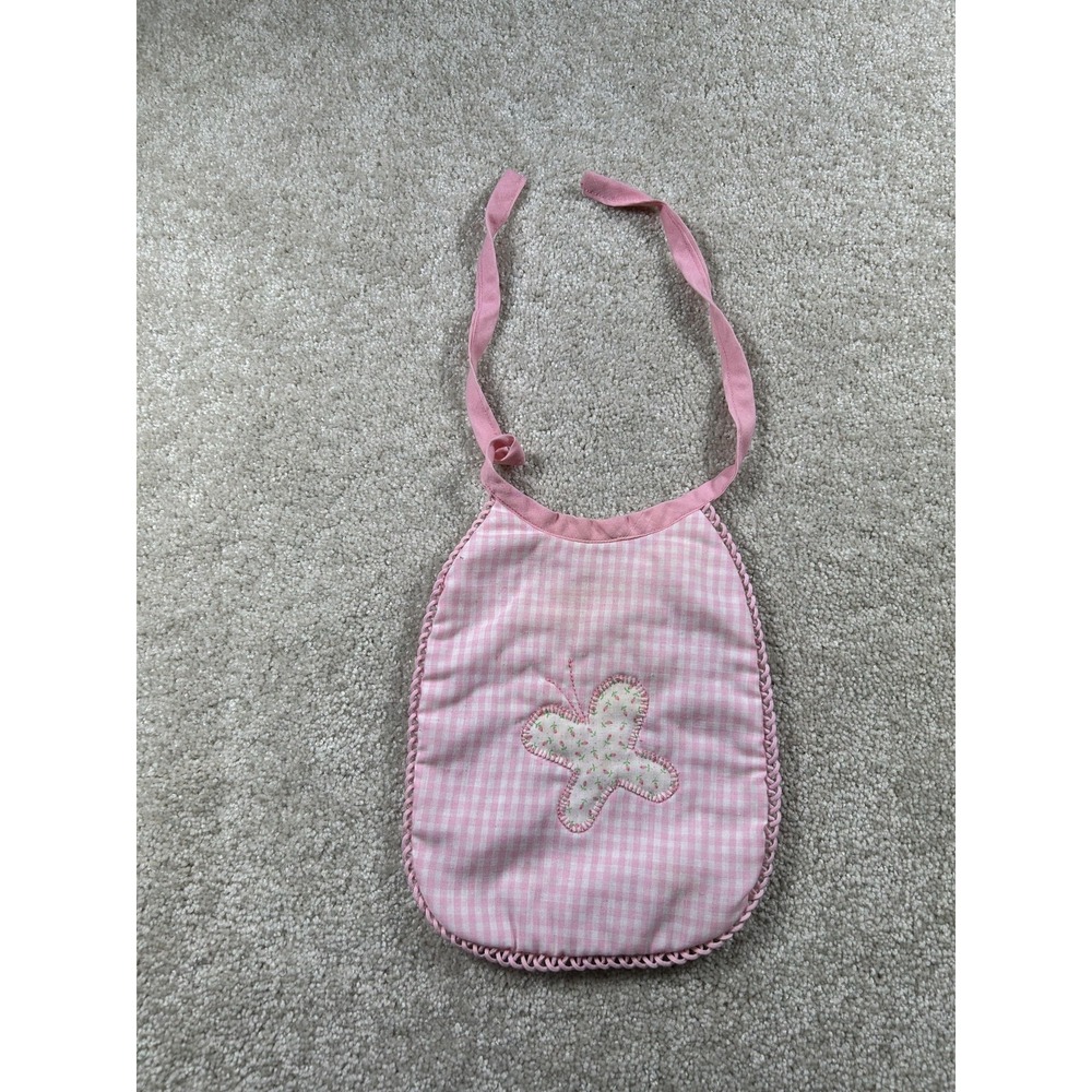 Vintage Pink Gingham Baby Bib Butterfly Applique‎ Embroidered Reversible Cotton